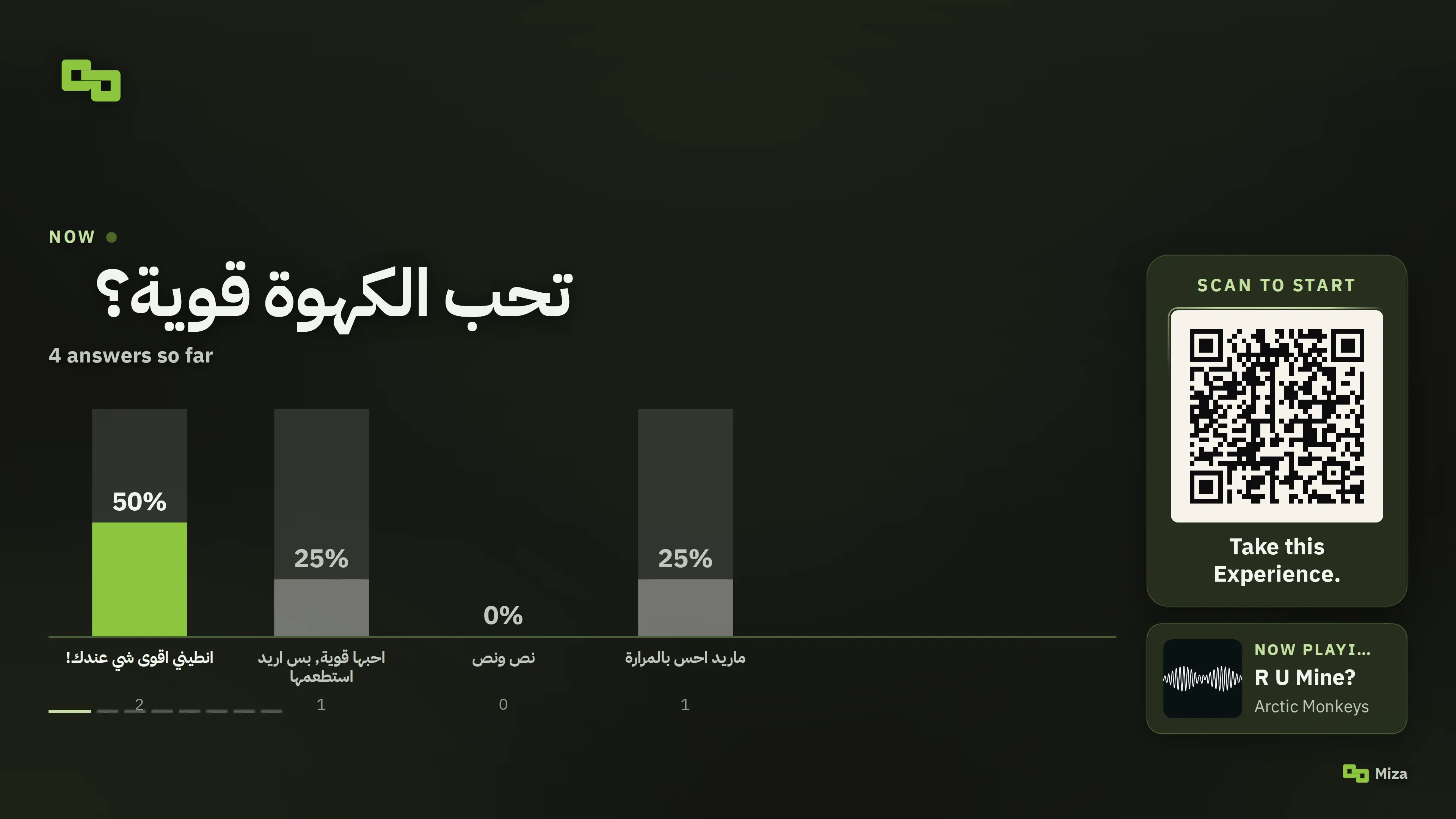 The venue screen showing live results of a poll about how customers like their coffee.